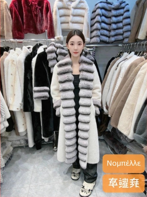 Μακρύ παλτό γούνας από συνθετική γούνα με μοτίβο chinchilla και γούνα Rex κουνελιού, γιακά τύπου πέτο με γούνα, ύφασμα πολυεστέρα