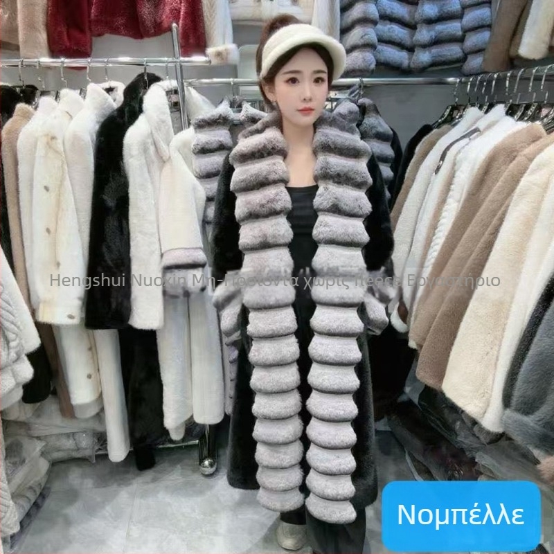 Μακρύ παλτό γούνας από συνθετική γούνα με μοτίβο chinchilla και γούνα Rex κουνελιού, γιακά τύπου πέτο με γούνα, ύφασμα πολυεστέρα