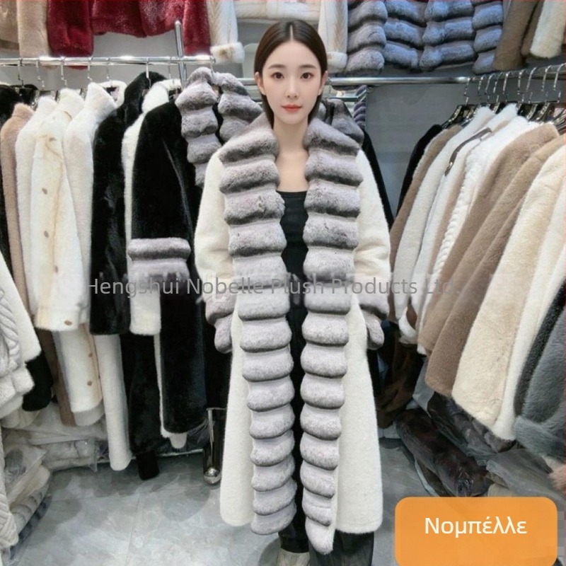 Μακρύ παλτό γούνας από συνθετική γούνα με μοτίβο chinchilla και γούνα Rex κουνελιού, γιακά τύπου πέτο με γούνα, ύφασμα πολυεστέρα