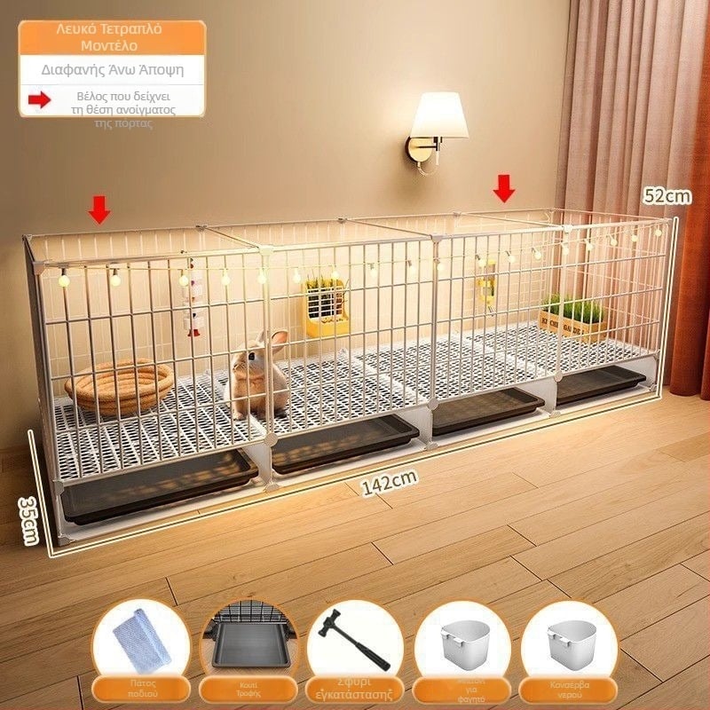 Ξύλινο κλουβί για κουνέλια, εσωτερική διαφανής βίλα και αυτόματο καθαρισμό περιττωμάτων