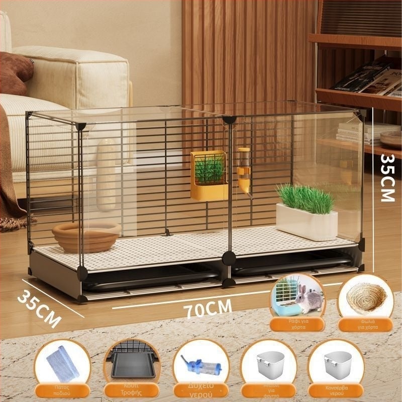 Ξύλινο κλουβί για κουνέλια, εσωτερική διαφανής βίλα και αυτόματο καθαρισμό περιττωμάτων