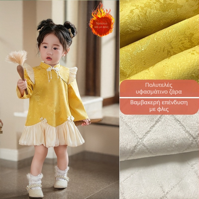 Φόρεμα για κορίτσια σε κινεζικό στυλ Cheongsam, με μακριά μανίκια, πολυεστερική ύφανση, βαμβακερή επένδυση, φούστα τύπου πιέτα