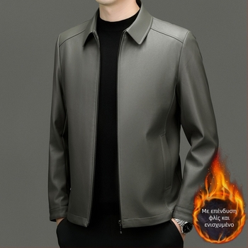 Ανδρικό PU δερμάτινο μπουφάν με πέτο γιακά, φερμουάρ μπροστά, κανονικού μήκους, φθινόπωρο 2024, καθημερινό/επαγγελματικό στυλ