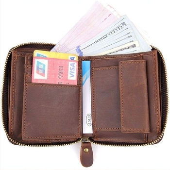 Ανδρικό πορτοφόλι με φερμουάρ, ιαπωνικού στυλ, γνήσιο δέρμα Crazy Horse, με θήκη για νομίσματα και πολλαπλές θήκες καρτών