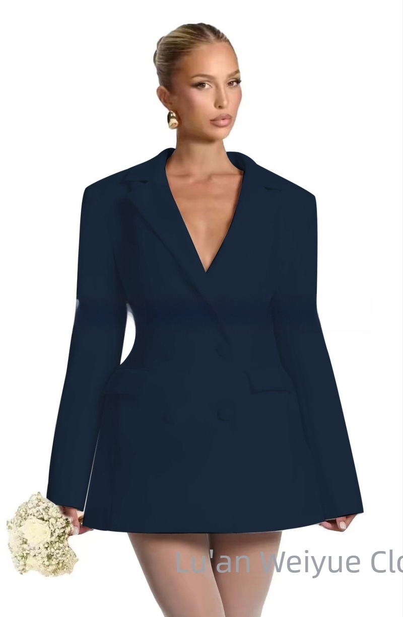 Γυναικείο blazer στενής γραμμής με V-λαιμό, μονό κουμπί, πολυεστέρας, μακριά μανίκια