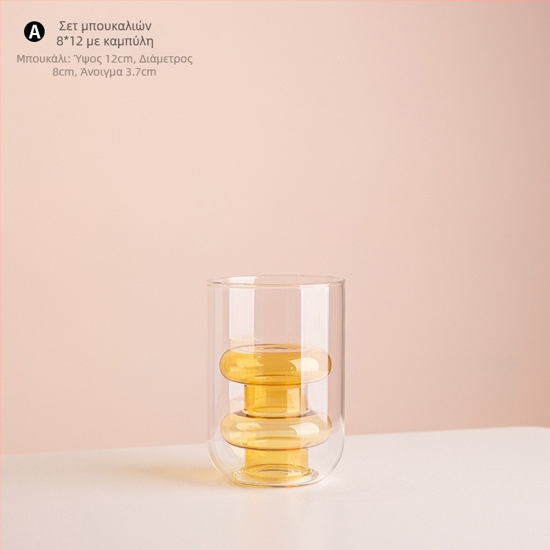 Γυάλινο βάζο με διπλό στρώμα και γεωμετρικό σχεδιασμό, διαφανές επιτραπέζιο διακοσμητικό, ημιχειροποίητο, μοντέρνο καλλιτεχνικό ύφος