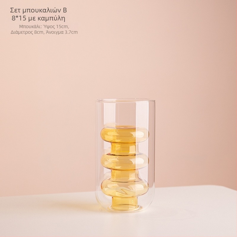 Γυάλινο βάζο με διπλό στρώμα και γεωμετρικό σχεδιασμό, διαφανές επιτραπέζιο διακοσμητικό, ημιχειροποίητο, μοντέρνο καλλιτεχνικό ύφος