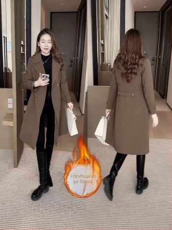 Γυναικείο μπουφάν με fleece επένδυση, μεσαίου μήκους, χαλαρή γραμμή, πολυεστέρας, μεσαίας πυκνότητας, διπλής σειράς κουμπιά