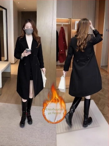 Γυναικείο μπουφάν με fleece επένδυση, μεσαίου μήκους, χαλαρή γραμμή, πολυεστέρας, μεσαίας πυκνότητας, διπλής σειράς κουμπιά