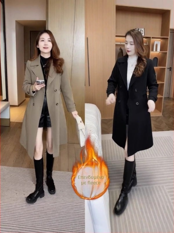 Γυναικείο μπουφάν με fleece επένδυση, μεσαίου μήκους, χαλαρή γραμμή, πολυεστέρας, μεσαίας πυκνότητας, διπλής σειράς κουμπιά