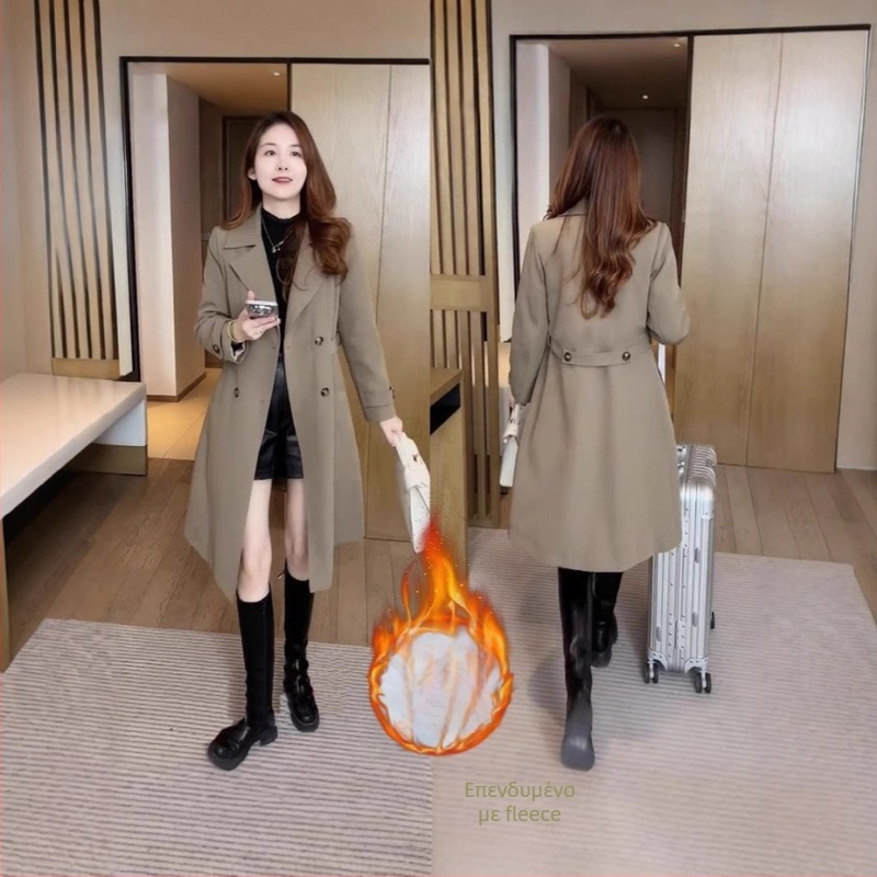 Γυναικείο μπουφάν με fleece επένδυση, μεσαίου μήκους, χαλαρή γραμμή, πολυεστέρας, μεσαίας πυκνότητας, διπλής σειράς κουμπιά