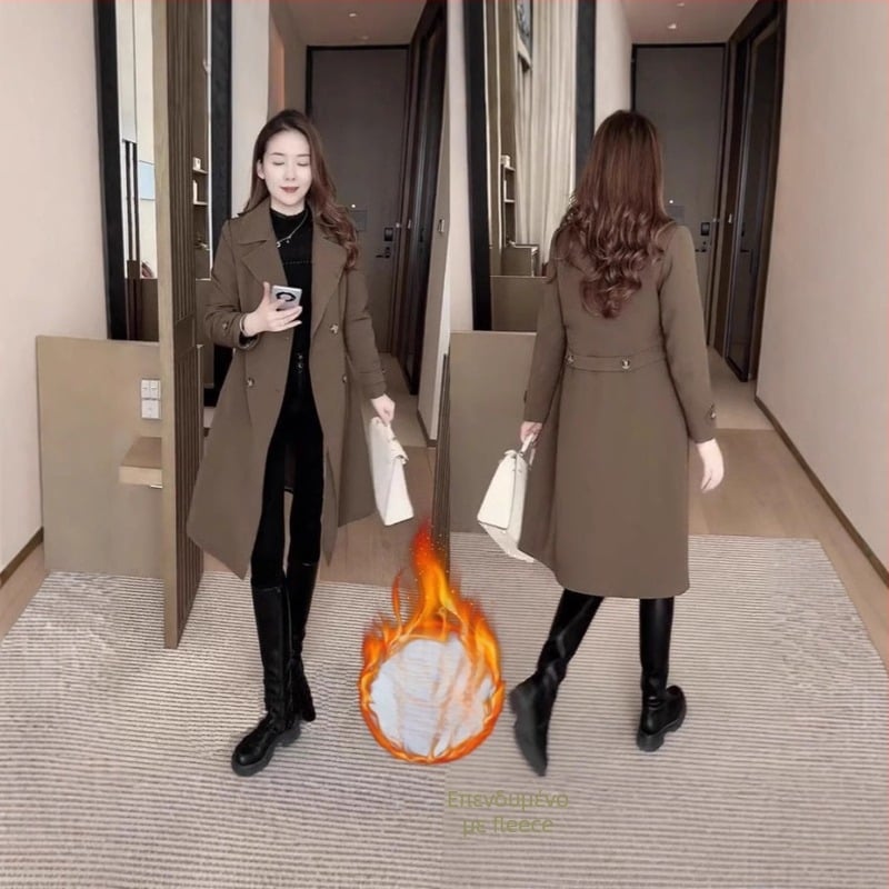 Γυναικείο μπουφάν με fleece επένδυση, μεσαίου μήκους, χαλαρή γραμμή, πολυεστέρας, μεσαίας πυκνότητας, διπλής σειράς κουμπιά