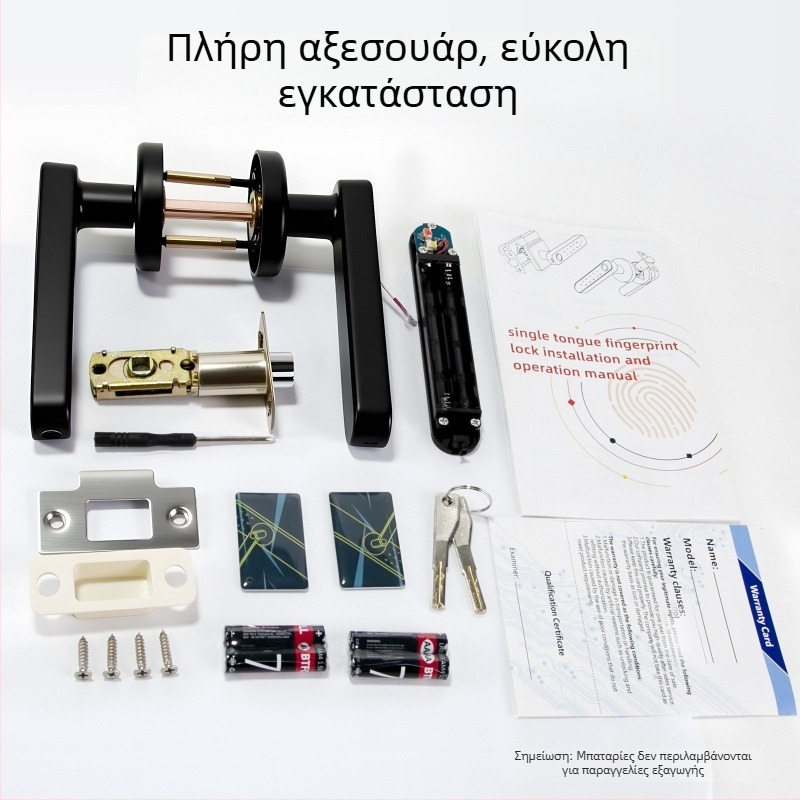 Έξυπνη κλειδαριά πόρτας με αποτύπωμα για ξύλινες πόρτες, κωδικό πρόσβασης και απομακρυσμένο έλεγχο Bluetooth; Αποθήκευση αποτυπωμάτων: 200; Τροφοδοσία: DC; Έλεγχος 1:1; Εγκατάσταση χωρίς τρύπες; Κατάλληλη για υπνοδωμάτιο, πόρτες από ξύλο και πόρτες με αλου