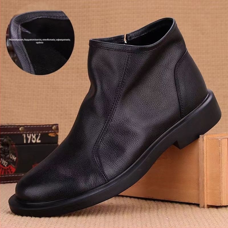 Ανδρικά μποτάκια από δέρμα πρώτης στρώσης βοδινού, καουτσούκ σόλα, πλευρικό φερμουάρ, διαπνέοντα, χειμωνιάτικα