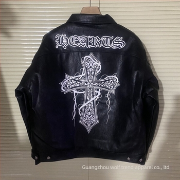 Δερμάτινο μπουφάν PU, γιακά τύπου Lapel, μονόκουμπωτο κλείσιμο, φαρδιά γραμμή, πλαϊνές τσέπες, διακοσμητικά κεντήματα με διασταυρωμένο σχέδιο