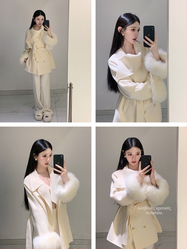 Γυναικείο παλτό με αμφίδρομη γούνα αλεπούς και ανάμειξη κασμίρι-μαλλιού, σιλουέτα που τονίζει τη μέση, ύφασμα corduroy, χειμώνας 2025, περιεκτικότητα σε γούνα κουνελιού κάτω από 30%