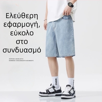 Ανδρικά σορτς τζιν με 100% πολυεστέρα, ίσια γραμμή, μεσαία μέση, μήκος πέντε τετάρτων, μικροελαστικότητα