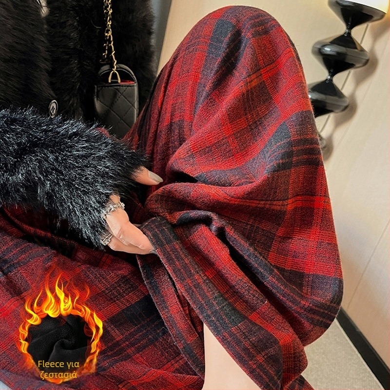 Παντελόνια εγκυμοσύνης καρό φαρδιά γραμμή, με φλίς για φθινόπωρο-χειμώνα, υποστήριξη κοιλιάς, ύφασμα με μείξη μαλλιού (πολυεστέρα 50–70%, βαμβάκι <30%), μικροελαστικότητα, μέχρι πάτωμα