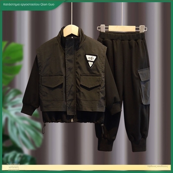 Σετ δύο τεμαχίων αγοριών από corduroy με τρίχωμα κουνελιού, μακρυμάνικος τοπ και σορτς, φθινοπωρινό στυλ, κυκλοφόρησε άνοιξη 2025, για 0–1 ετών