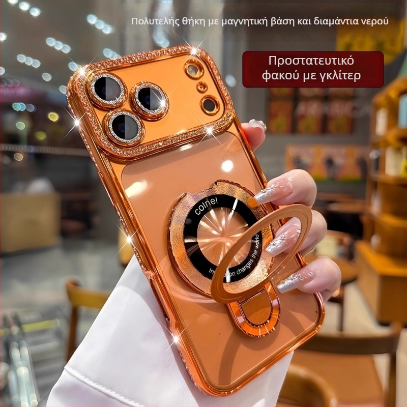 Θήκη για iPhone με μαγνητική βάση και κρύσταλλα, ηλεκτροπλατινωτό φινίρισμα και προστασία φακού κάμερας, συμβατή με iPhone 11-17