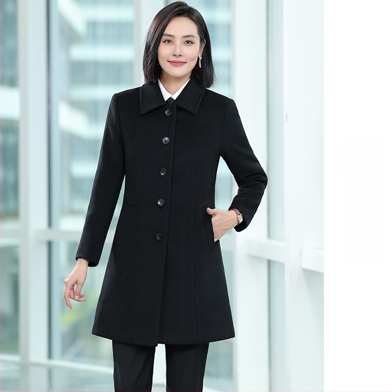 Γυναικείο παλτό μαλλιού μεσαίου μήκους, πυκνό, με διπλό κουμπί μπροστά, τύπου σακακιού, εφαρμοστό, μακριά Μανίκια