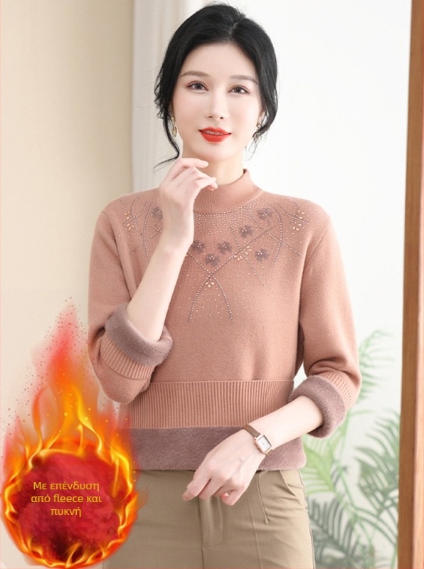 Γυναικεία ζεστή πλεκτή μπλούζα βάσης με fleece, πουλόβερ | Πολυεστέρας 95%+, Μακριά μανίκια, Ημιυψηλός λαιμός, Κανονικό μήκος 50–65 εκ