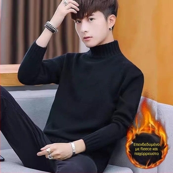 Ανδρικό πουλόβερ με ημιψηλό γιακά, φλις επένδυση, ζακάρ πλέξιμο, χαλαρή γραμμή, μακριά μανίκια