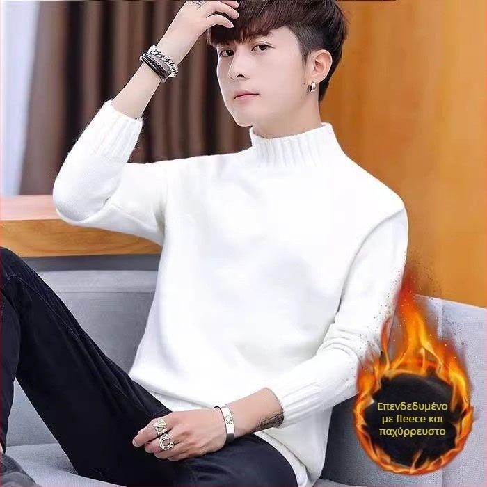 Ανδρικό πουλόβερ με ημιψηλό γιακά, φλις επένδυση, ζακάρ πλέξιμο, χαλαρή γραμμή, μακριά μανίκια