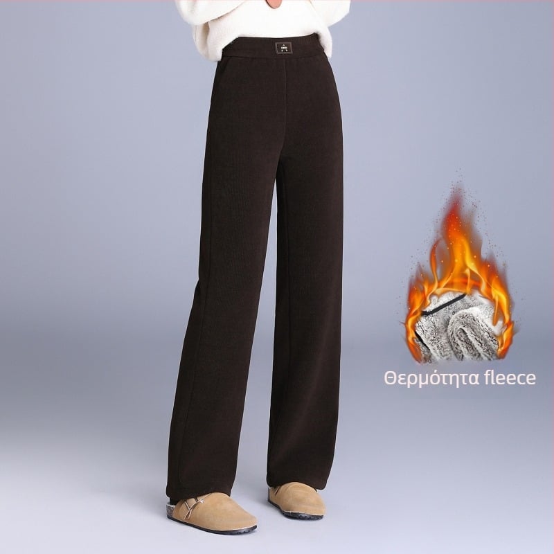 Γυναικείοι παντελόνες wide-leg από Corduroy με επένδυση φλις, υψηλή μέση, παχιές για τον χειμώνα 2025, κομψή καθημερινή μετακίνηση