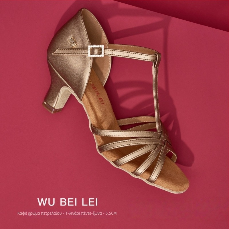 Γυναικεία παπούτσια latin χορού με πέντε λουριά σε σχήμα Τ — άνω μέρος από μεταξωτό ύφασμα, σόλα από βελούρ, διαπνέονται, ανθεκτικά στη φθορά