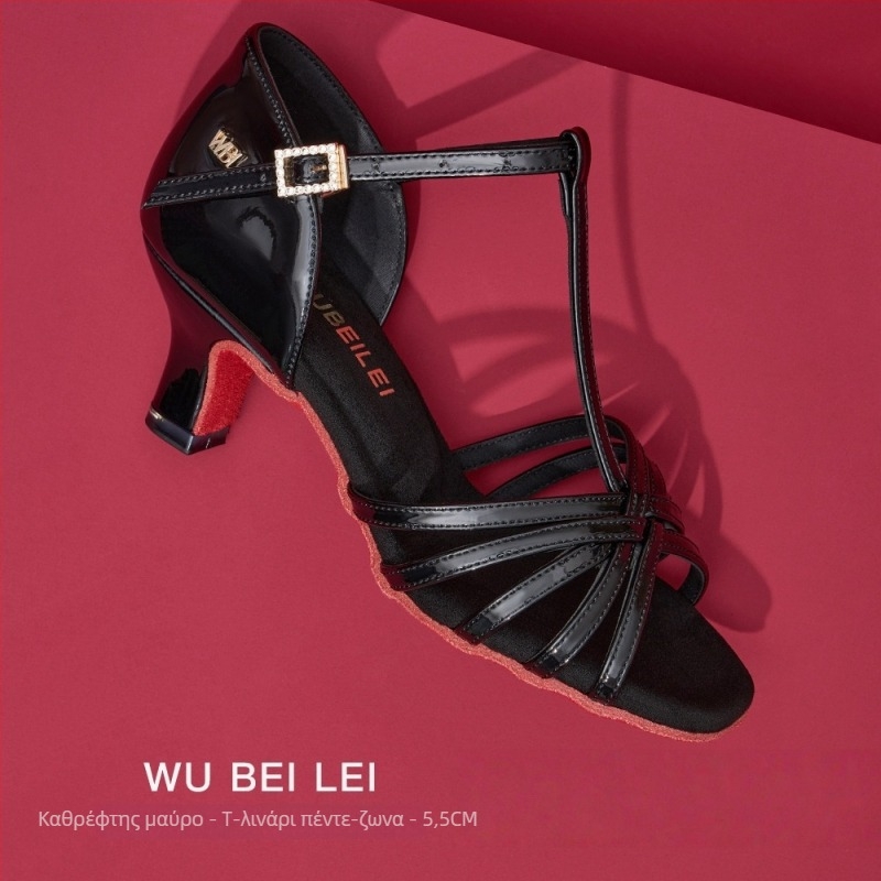 Γυναικεία παπούτσια latin χορού με πέντε λουριά σε σχήμα Τ — άνω μέρος από μεταξωτό ύφασμα, σόλα από βελούρ, διαπνέονται, ανθεκτικά στη φθορά