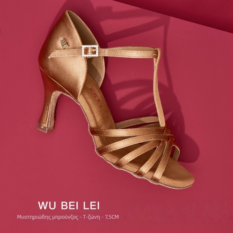 Γυναικεία παπούτσια latin χορού με πέντε λουριά σε σχήμα Τ — άνω μέρος από μεταξωτό ύφασμα, σόλα από βελούρ, διαπνέονται, ανθεκτικά στη φθορά