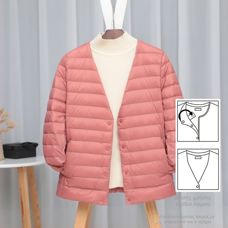 Γυναικείο μπουφάν από πούπουλα, σε γραμμή slim-fit, ύφασμα νάιλον, πλήρωση από λευκό πάπιας πούπουλο, 50% περιεκτικότητα σε πούπουλα, λαιμό με άκρη τύπου wood-ear edge