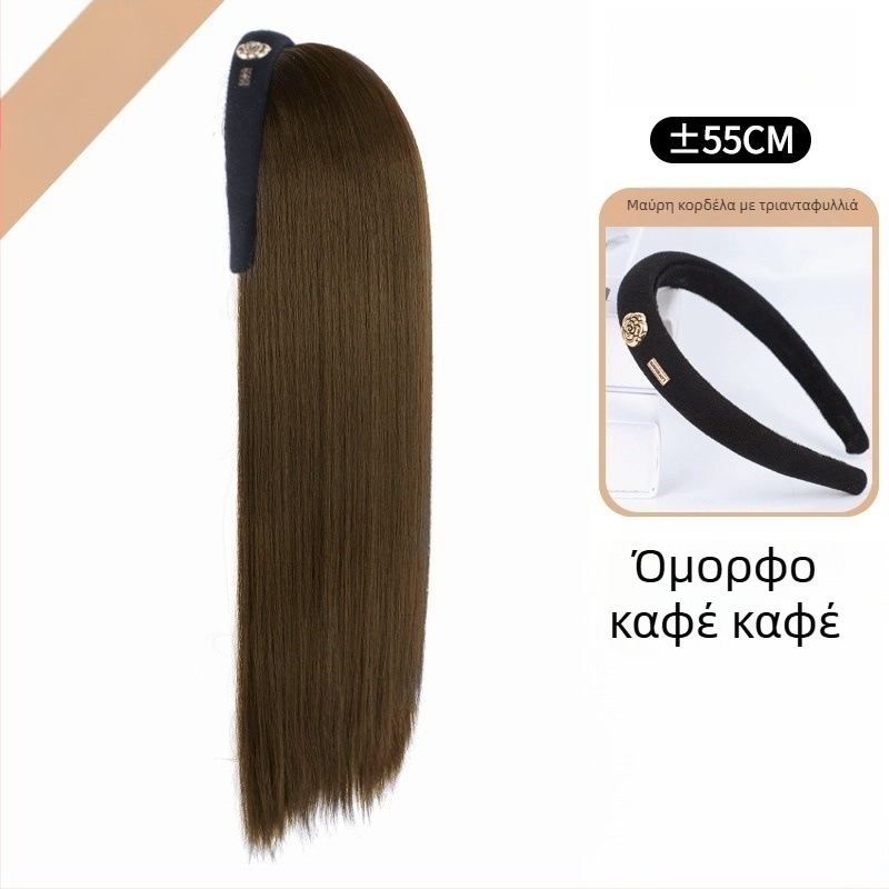 Περούκα με Camellia ταινία – κύματα νερού μπούκλες, αποσπώμενη Camellia ταινία, κάλυμμα μισού κεφαλιού σε σχήμα U, θερμικά ανθεκτικό σύρμα, φυσική όψη