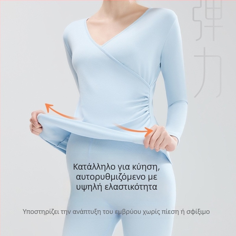 Σετ πυτζάμας εγκύου με δυνατότητα θηλάσμου – V-λαιμός, μακριά μανίκια με βολάν, μακριά παντελόνια, παχύ πολυεστέρα (90–95%)