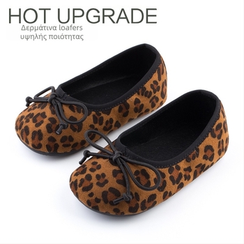 Παιδικά loafers με λεοπάρ σχέδιο και φιογκάκι, slip-on, στυλ πριγκίπισσας, vintage συνθετικό δέρμα