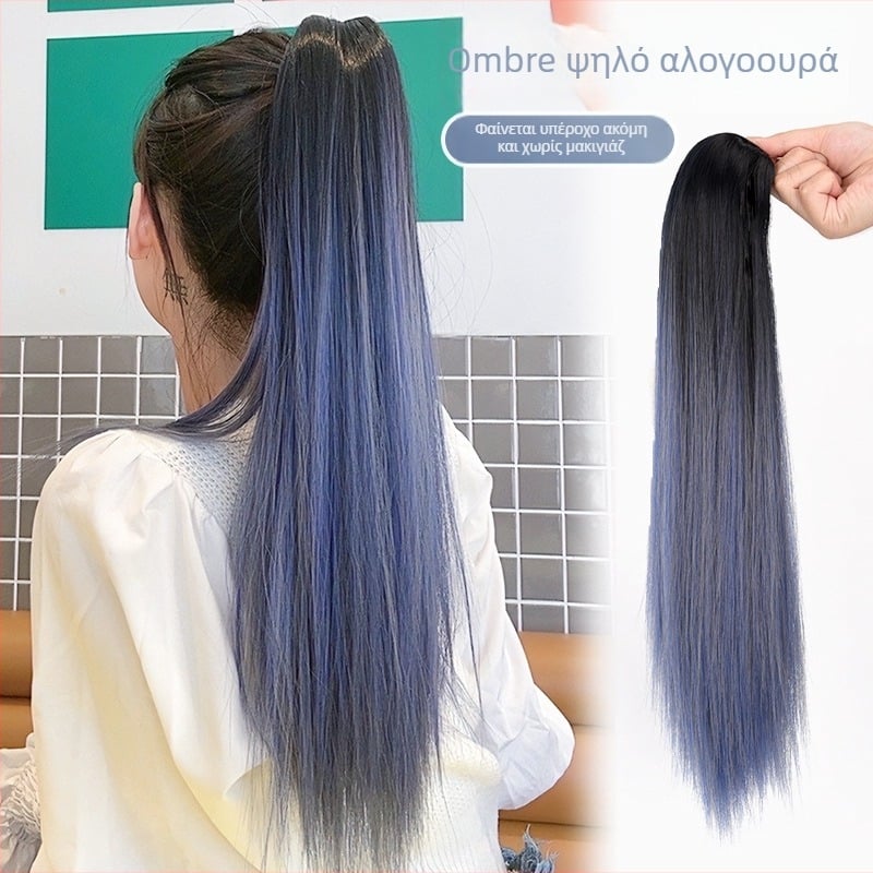 Περούκα με ουρά για γυναίκες, μακριά ίσια μαλλιά, ίνες ανθεκτικές σε υψηλές θερμοκρασίες, μηχανισμός στερέωσης, μπορεί να βαφτεί και να ισιωθεί