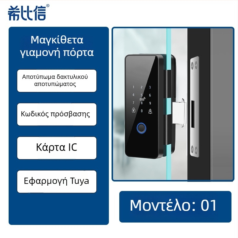 Κλειδαριά πόρτας από γυαλί με δακτυλικό αποτύπωμα και κωδικό πρόσβασης, μοντέλο 01, χωρητικότητα αποτυπωμάτων 100, χρόνος σάρωσης <0,3 δευτερόλεπτα, τροφοδοσία DC