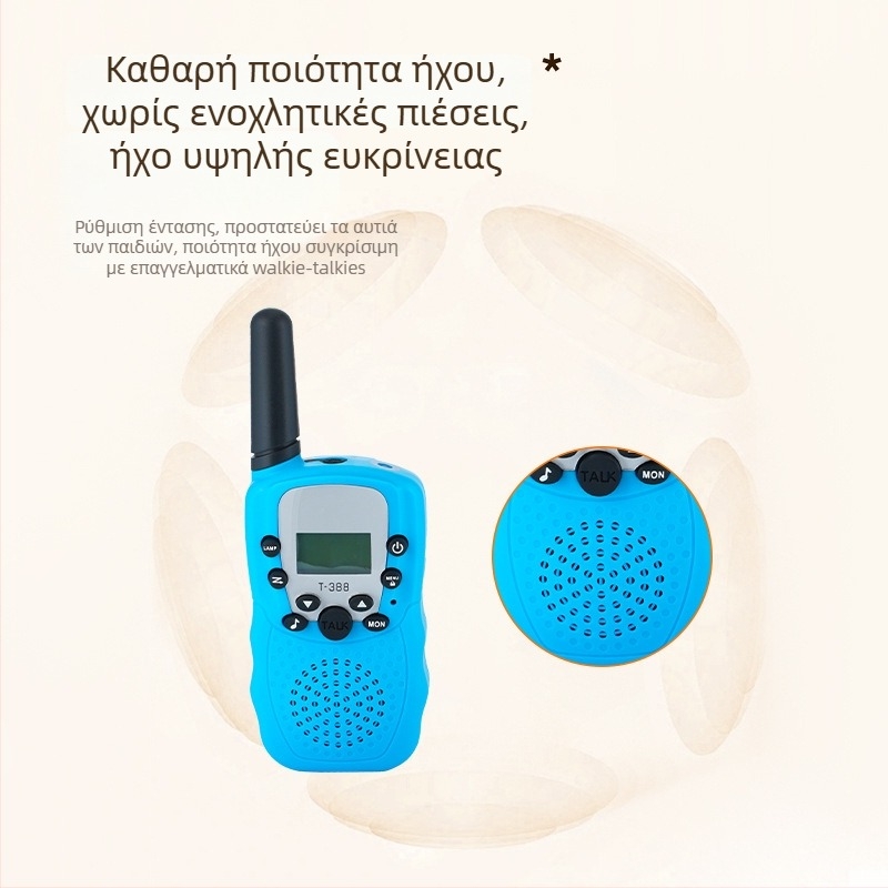 T388 Mini Walkie-Talkie για παιδιά — Συμπαγές, εμβέλεια 1,5–3 χλμ, ισχύς εξόδου 0,5 W, 8–22 κανάλια, Ni-MH 300 mAh μπαταρία, αντιπαρεμβολή