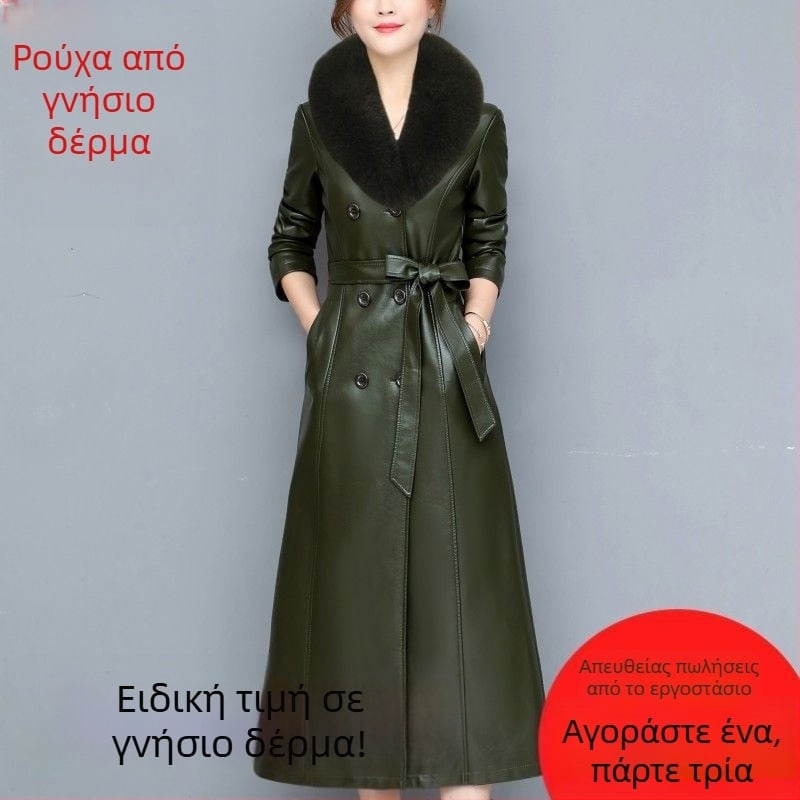 Chiweng Γνήσιο δέρμα προβάτου μακρύ παλτό με γούνινο γιακά από αλεπού, κορεατικού στυλ, σε μεγάλο μέγεθος, επένδυση φλίς