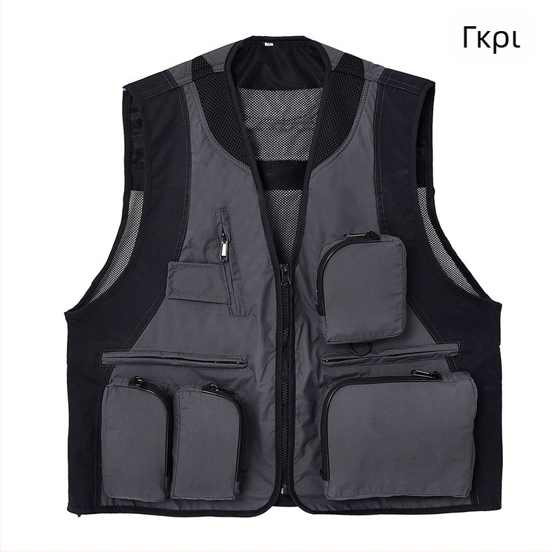 Εξωτερικό γιλέκο με πολλαπλές τσέπες, αδιάβροχο, με λογότυπο, φερμουάρ, χωρίς κουκούλα, χαλαρή γραμμή