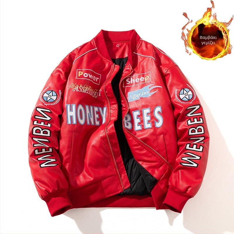 Ανδρικό PU δερμάτινο μπουφάν μοτοσικλέτας - επένδυση από βαμβάκι, γιακά στήριξης, φερμουάρ, κανονικό μήκος (PU δέρμα; βαμβακερή επένδυση; γιακά στήριξης; φερμουάρ; κανονικό μήκος)