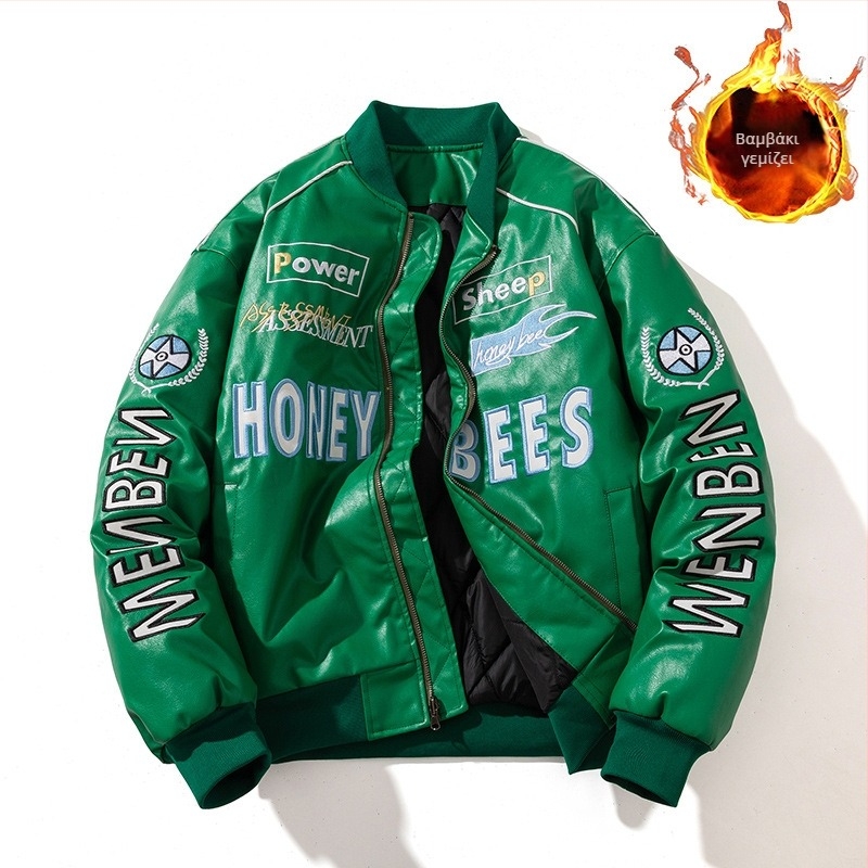 Ανδρικό PU δερμάτινο μπουφάν μοτοσικλέτας - επένδυση από βαμβάκι, γιακά στήριξης, φερμουάρ, κανονικό μήκος (PU δέρμα; βαμβακερή επένδυση; γιακά στήριξης; φερμουάρ; κανονικό μήκος)