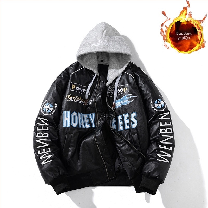 Ανδρικό PU δερμάτινο μπουφάν μοτοσικλέτας - επένδυση από βαμβάκι, γιακά στήριξης, φερμουάρ, κανονικό μήκος (PU δέρμα; βαμβακερή επένδυση; γιακά στήριξης; φερμουάρ; κανονικό μήκος)