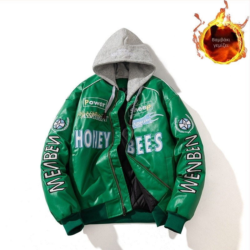 Ανδρικό PU δερμάτινο μπουφάν μοτοσικλέτας - επένδυση από βαμβάκι, γιακά στήριξης, φερμουάρ, κανονικό μήκος (PU δέρμα; βαμβακερή επένδυση; γιακά στήριξης; φερμουάρ; κανονικό μήκος)