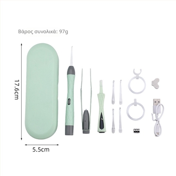 Σετ κουταλιών αυτιού με φωτισμό, επαναφορτιζόμενο, διπλό φως, οπτική επιθεώρηση του ακουστικού καναλιού, PVC