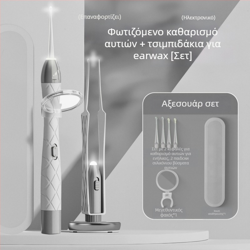 Σετ κουταλιών αυτιού με φωτισμό, επαναφορτιζόμενο, διπλό φως, οπτική επιθεώρηση του ακουστικού καναλιού, PVC