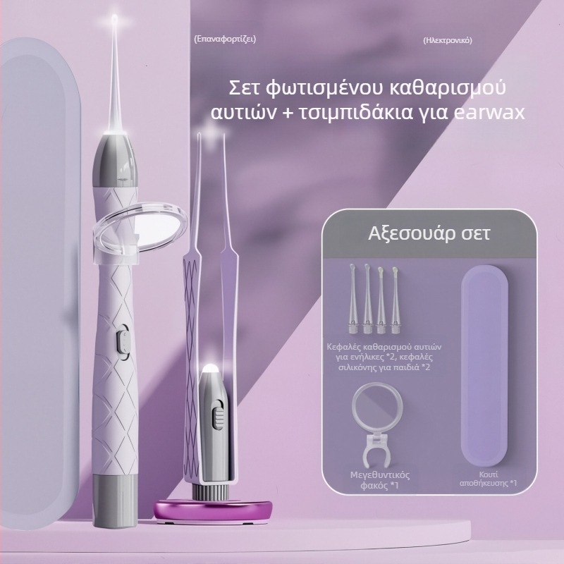 Σετ κουταλιών αυτιού με φωτισμό, επαναφορτιζόμενο, διπλό φως, οπτική επιθεώρηση του ακουστικού καναλιού, PVC