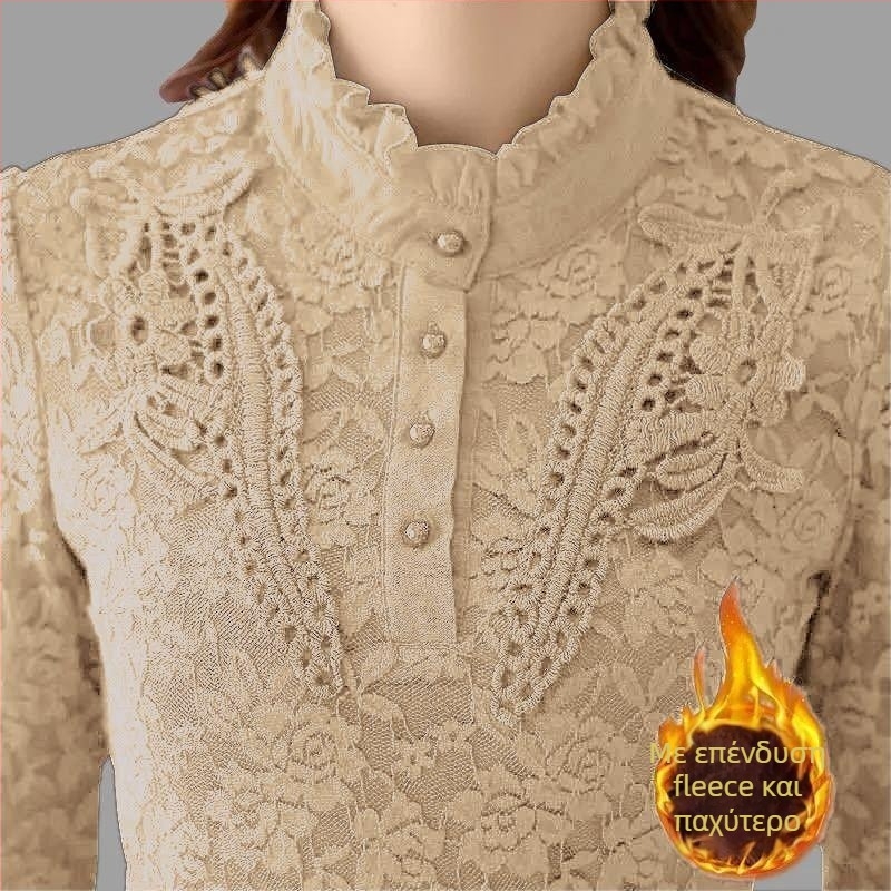 Γυναικεία μπλούζα βάσης με φλίς, δαντέλα και κέντημα, μακριά μανίκια, στάντ γιακά, πολυεστερ-αμμωνία σύνθεση, κανονικό μοτίβο