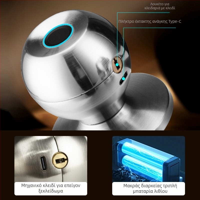 Έξυπνο σφαιρικό κλείδωμα πόρτας με τρεις ράβδους για εσωτερικές ξύλινες πόρτες, αποθήκευση δακτυλικών αποτυπωμάτων 50, τροφοδοσία DC, εξ αποστάσεως ξεκλείδωμα